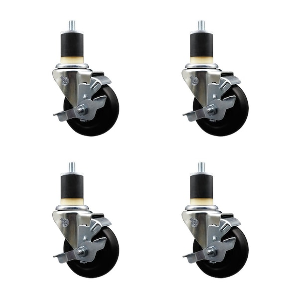 3.5'' Hard Rubber Swivel 1-7/8'' Expanding Stem Caster Set with Brake, 4PK